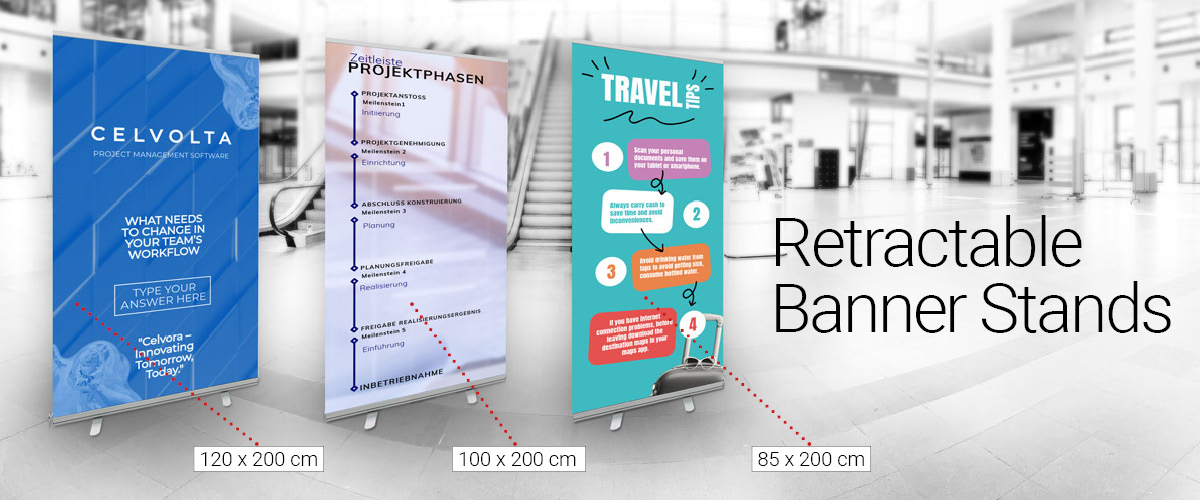 Retractable Banner Stands Retractable banner stands are one of the fastest and most convenient ways to promote your business.