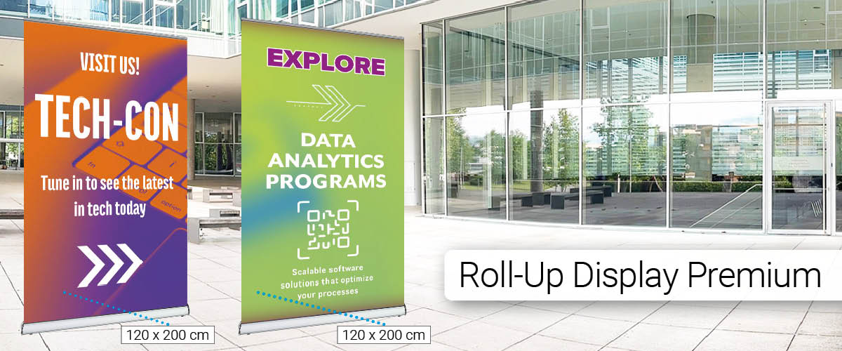 Rollup Banner 120x200 Rollup Banner 120x200 cm - diese Premium Rollup können wir heute noch für Sie drucken.