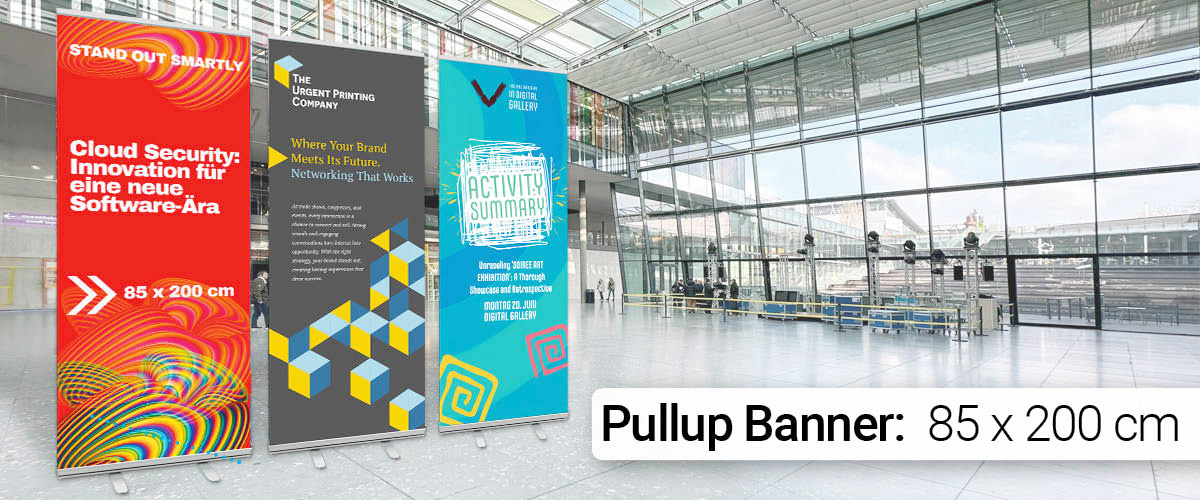 85 × 200 cm Roll Up Banner with custom print design, brilliant colors, stable cassette system, displayed at a trade fair in Munich, Germany.