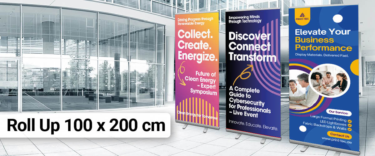 100 × 200 cm Roll Up Banner – brilliant print, stable cassette, and stay-flat material with no curling. Same-day printing and fast delivery across Germany & Europe.