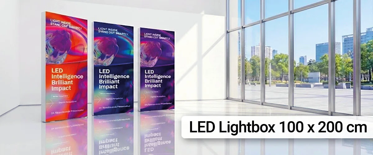 Hochwertige LED Lightbox 100×200 cm mit brillantem Sublimationsdruck. Ideal für Messen, Events und Showrooms – mit Express-Produktion und schneller Lieferung.