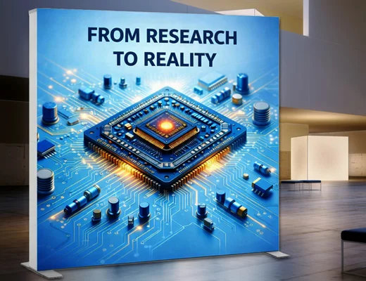 Square LED lightbox display with futuristic semiconductor processor on blue circuit board background, modern technology innovation concept, trade show exhibition wall with illuminated microchip design and digital engineering theme.