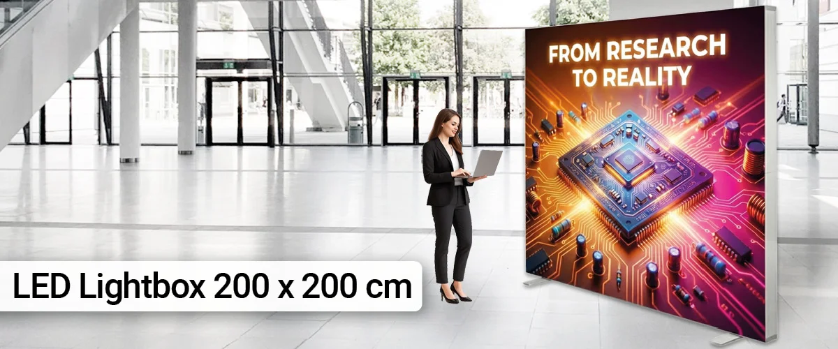 High-quality LED Lightbox 200 × 200 cm with bright backlighting and textile printing. Easy setup, short lead times, reliable service, and perfect for trade shows and events.