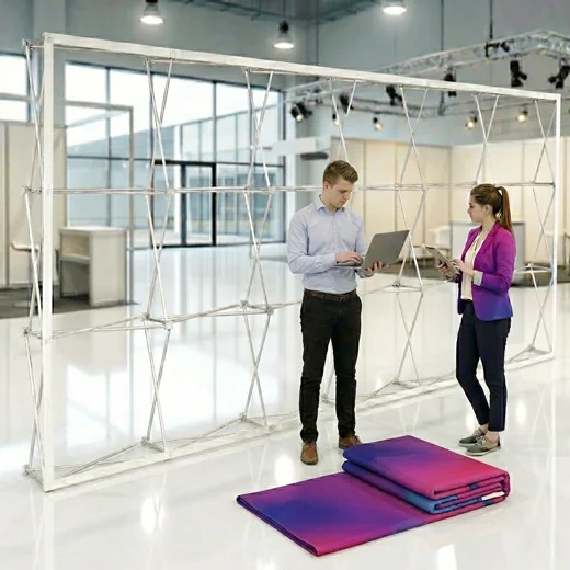 Professional exhibition backdrop system in a modern white showroom, presented in multiple formats up to 750 × 300 cm, with high-quality printed graphics for trade shows and events.