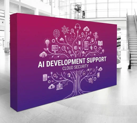 Trade show backdrop wall 450 × 225 cm with premium print, foldable system and transport bag, designed to elevate your presence and ensure strong visibility at professional exhibition venues