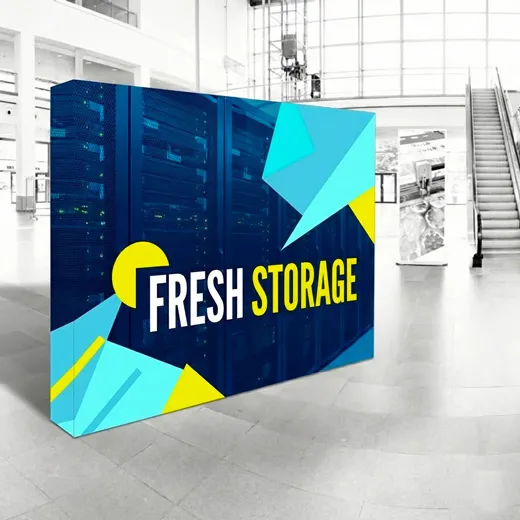 Backdrop exhibition wall with printed graphic, foldable grid frame, spotlights and trolley case for trade shows and events