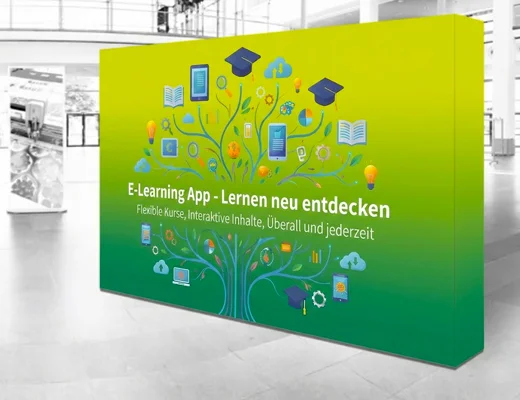 Trade show backdrop wall 375 × 225 cm with high-quality print, foldable system and trolley case, suitable for express EU-wide delivery to exhibition venues