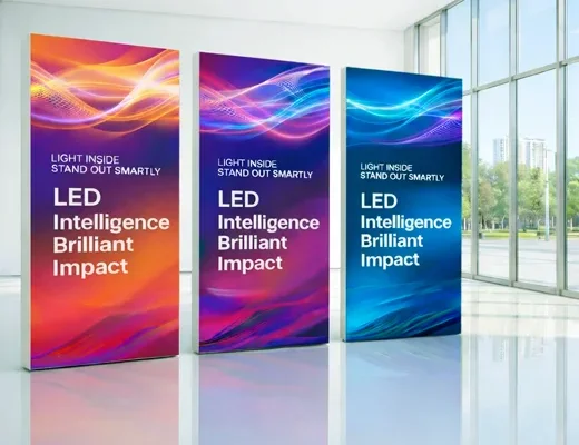 LED Expo Lightbox 100×200 cm mit silbernem Aluminiumrahmen, gleichmäßiger LED-Beleuchtung und Textildruck auf modernem Messestand