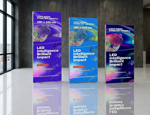 Drei LED-Lightboxen im Ausstellungsraum mit dunklen Wänden und farbintensive Motive.