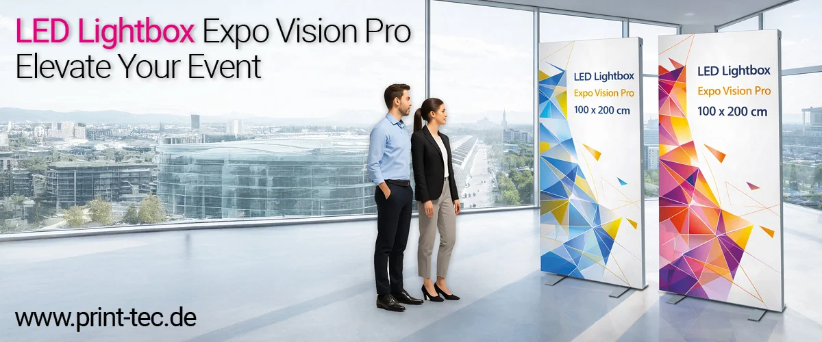 LED Leuchtkarten Aufsteller 100 × 200 cm mit hinterleuchtetem Textildruck und gleichmäßiger Ausleuchtung für Messe, Event und POS-Präsentationen