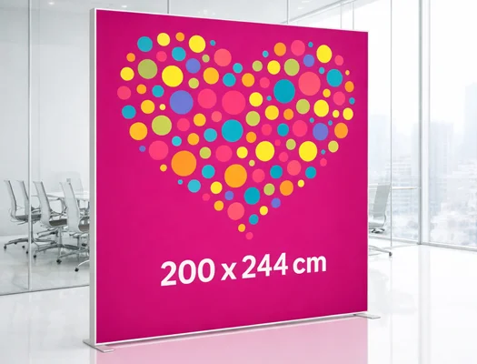 Ansicht eines mobilen LED-Präsentationssystems mit hinterleuchteter Stoffgrafik in der Größe 200 x 244 cm. Das leichte, modulare Leuchtwand-System ist für den einfachen Aufbau konzipiert.