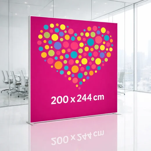 Frontalansicht des LED Leuchtkastens 200x244 cm mit farbigem Stoffdruck für Messe und Konferenz