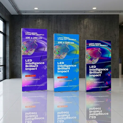 Drei LED-Lightboxen im Ausstellungsraum und farbintensiven, leuchtenden Motiven.