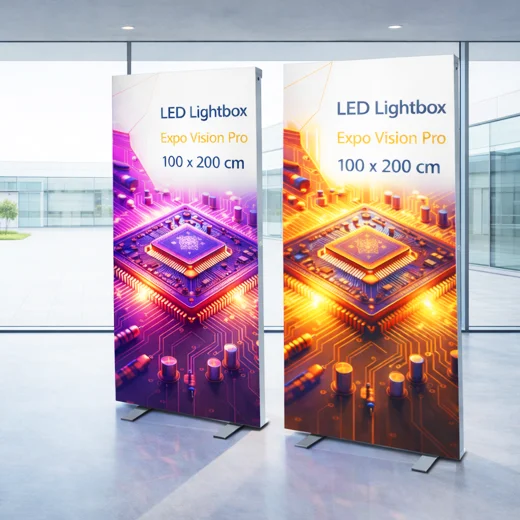 led-expowall_100x200_31 Mobile LED Lightbox mit 80, 100 oder 120 mm Profiltiefe. Dank knitterfreiem Sublimationsdruck und einfachem Stecksystem sind sie die ideale, transportable Lösung für Ihren Messebau und POS.