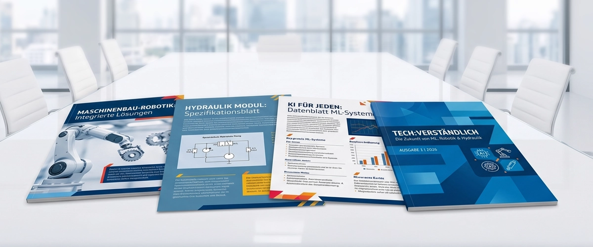 Flach auf einem Tisch ausgebreitete Broschüren und Flyer zu den Themen Maschinenbau-Robotik, Hydraulik und KI-Systeme sowie das Fachmagazin