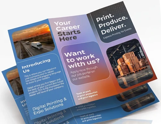 Trifold flyer showcasing express leaflet and folded flyer printing solutions, including fold brochures, 4-page single-fold flyers, and 6- to 8-page folded brochures in DIN A4 format.
