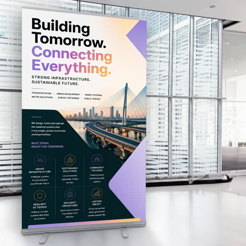 Printed roll-up banner displayed at a trade show