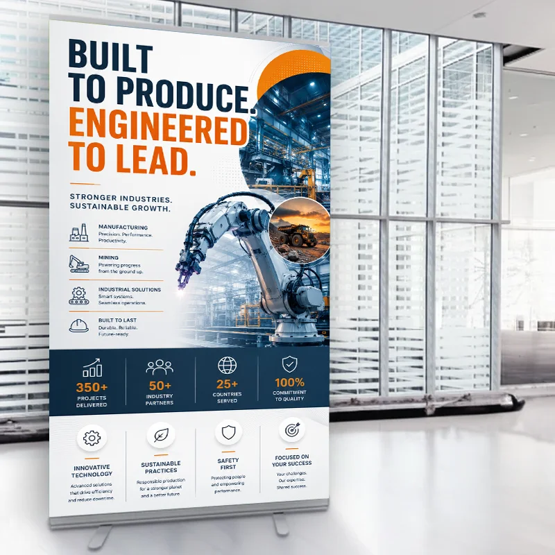Printed roll-up banner displayed at a trade show