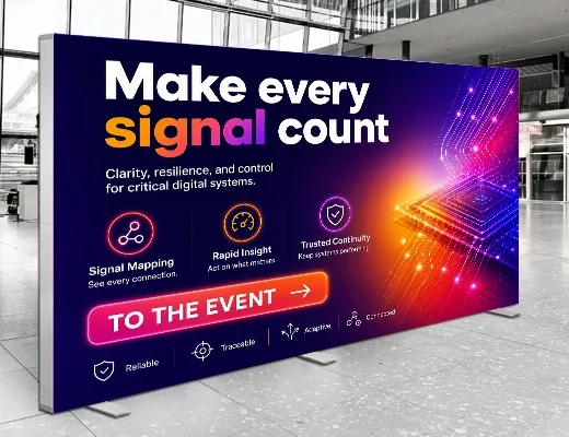 Freestanding SEG fabric frame with printed textile graphic for events