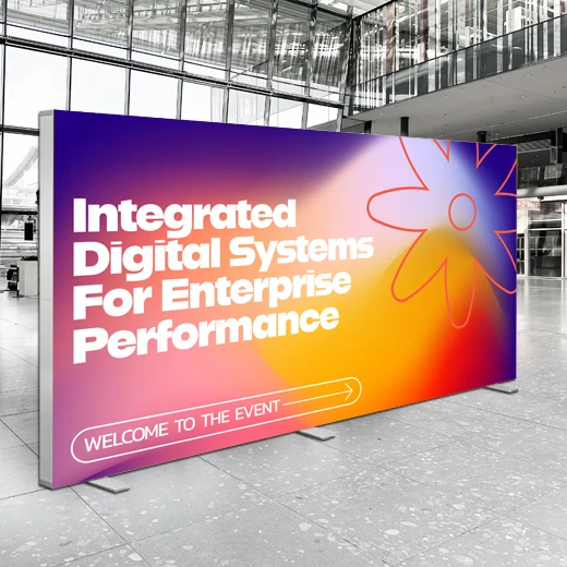 Aluminium freestanding SEG fabric frame with printed textile graphic for events. 400 x 250 cm