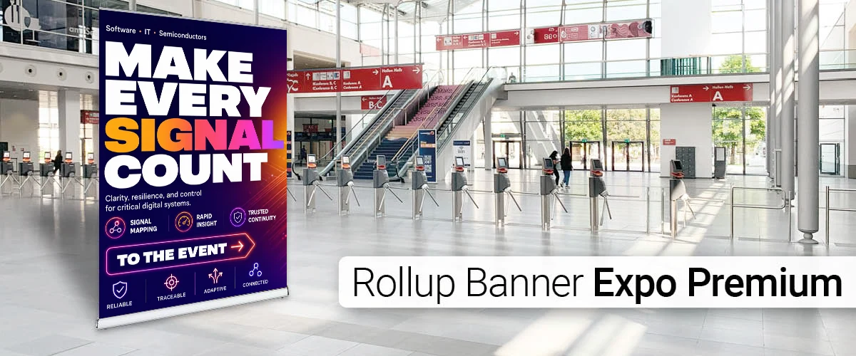 extra großes Roll-Up Display Expo Premium – ideal für Messen, Kongresse, Workshops und Events.
