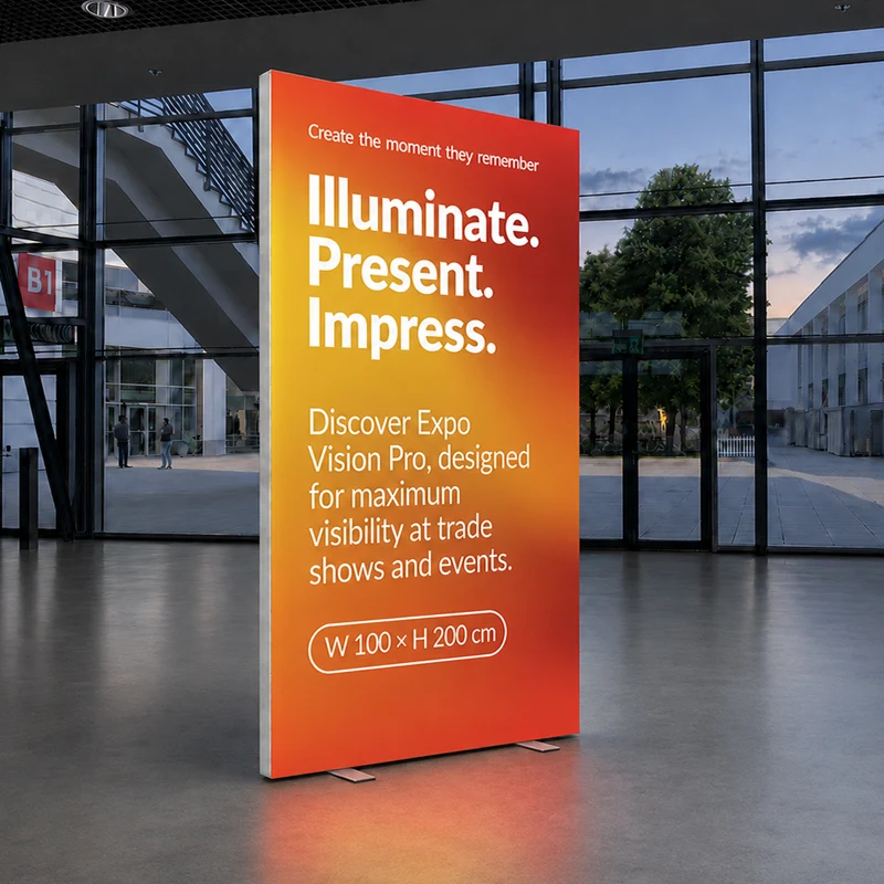LED Lightbox Modulwand 100 × 200 cm mit brillanter Power-LED-Hintergrundbeleuchtung für professionelle Markenpräsentation auf Messen, Events und im Showroom