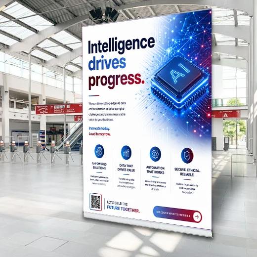 Printed roll-up banner displayed at a trade show